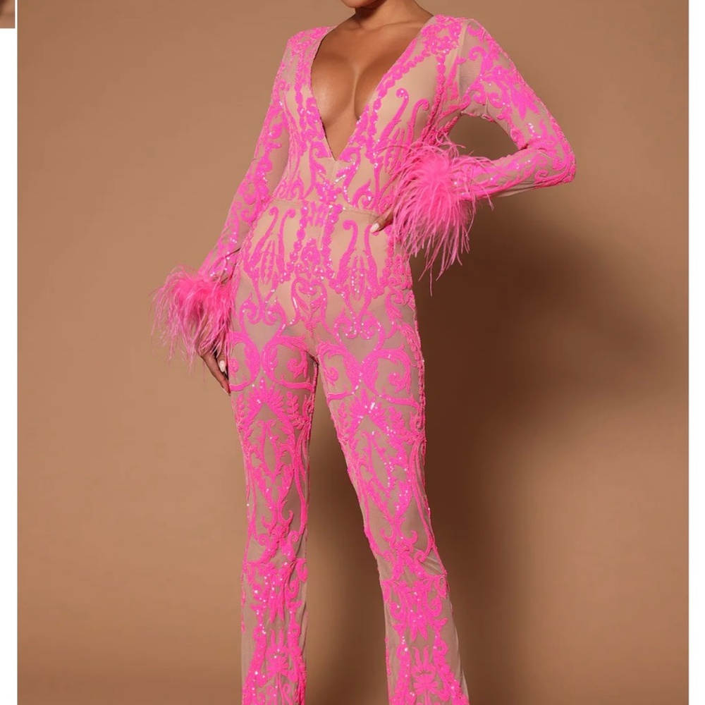 FASHION NOVA A dancing Queen sequin feather jumpsuit pink size M